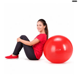 Gymnic Plus Ball Rot 55 cm – Frau sitzt auf dem Boden und lehnt sich an den roten Gymnastikball