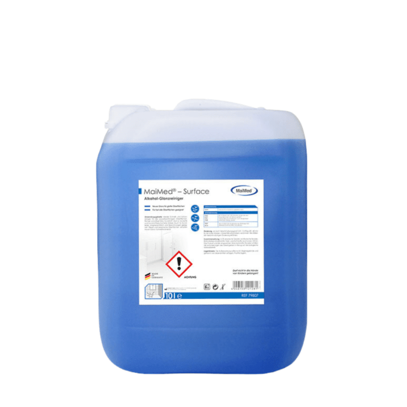 MaiMed Surface Alkohol Glanzreiniger in blauer Flasche und Kanister.