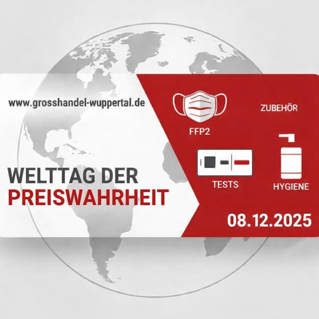 Grafik zum Welttag der Preiswahrheit am 08.12.2025 mit FFP2-Masken, Tests und Hygieneartikeln von grosshandel-wuppertal.de