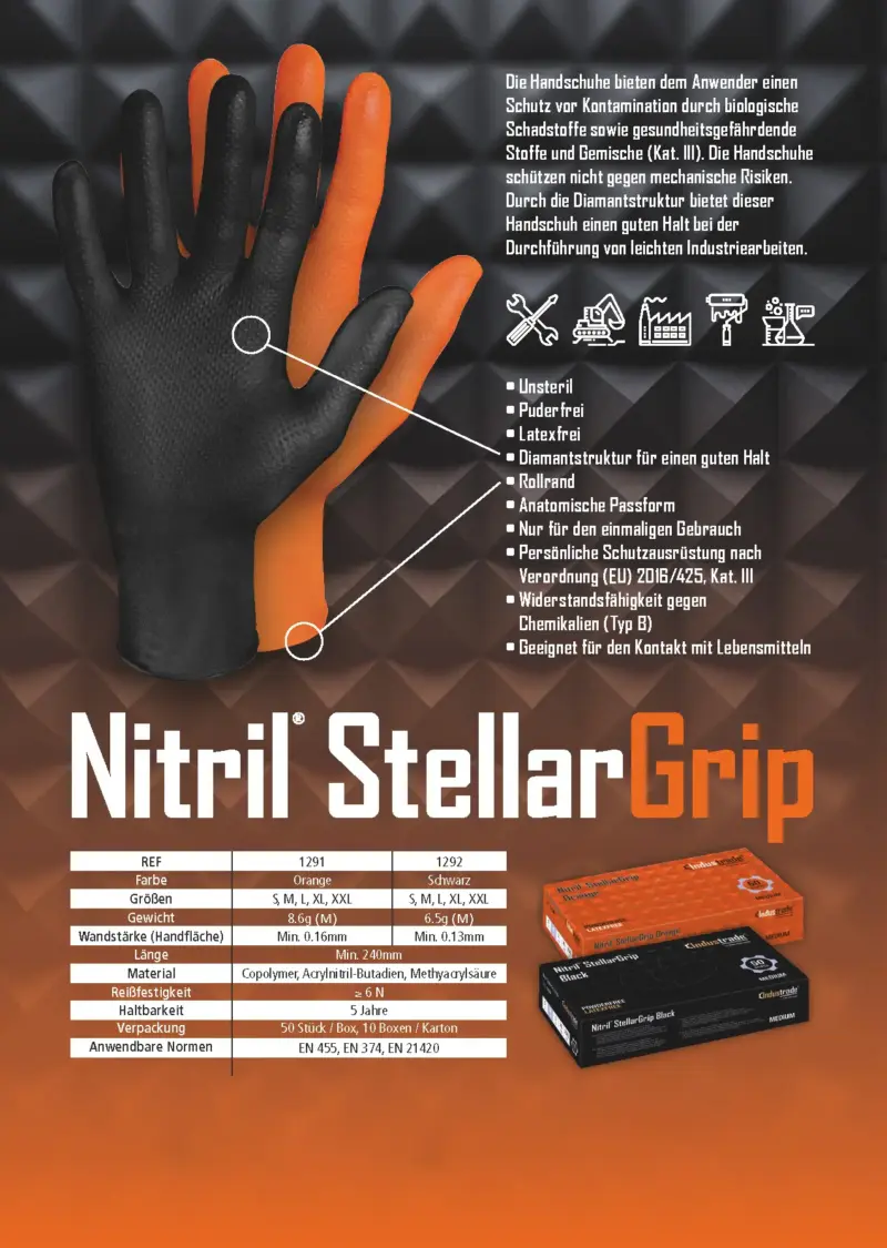 Produktflyer Stellar-Grip Nitril Handschuhe mit technischen Daten und Normenübersicht