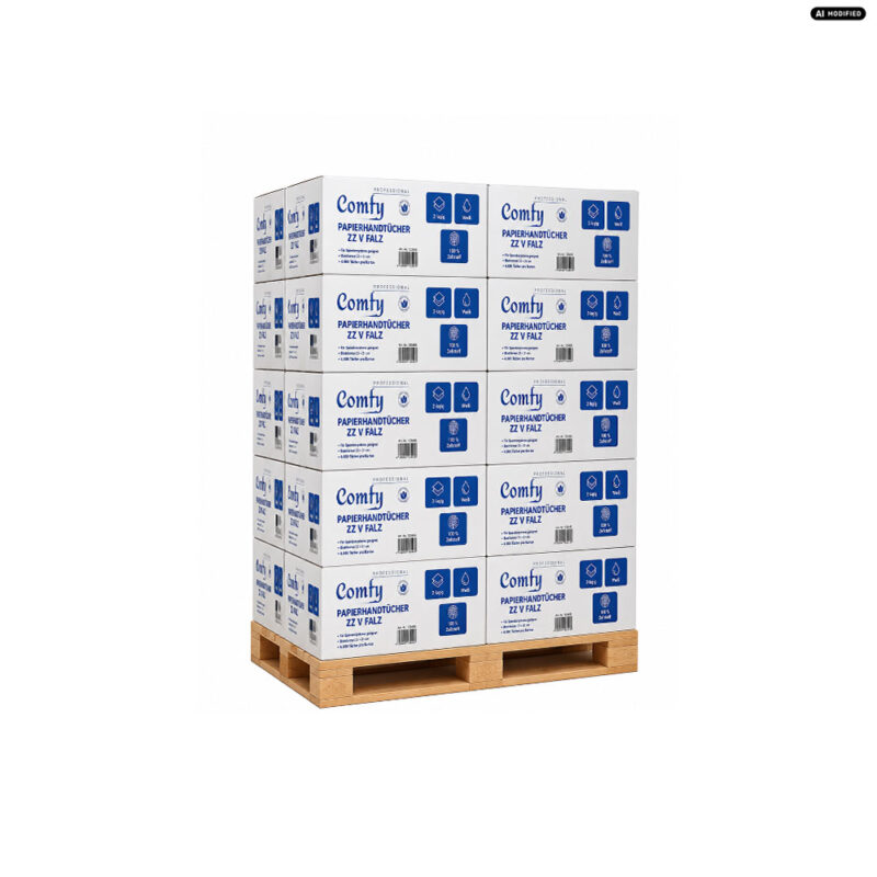 Falthandtuecher20kartons1 Comfy Professional Falthandtücher ZZ-/V-Falz 25 × 21 cm Weiß 2-lagig aus 100% Zellstoff – 20 Kartons