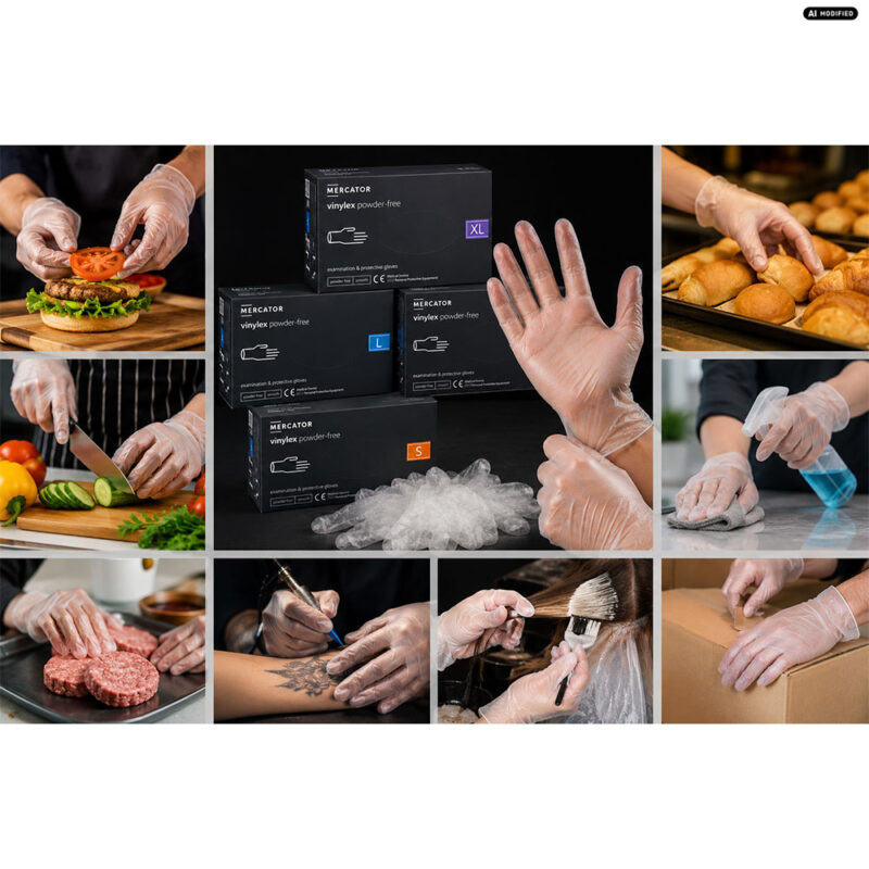 Mercator vinylex powder-free Vinylhandschuhe im Einsatz in Gastronomie, Reinigung und Lebensmittelverarbeitung