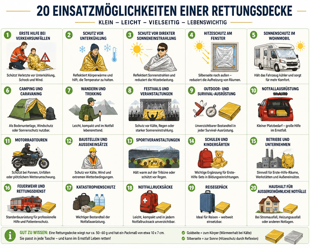 20 Einsatzmöglichkeiten einer Rettungsdecke für Auto, Camping, Erste Hilfe und Hitzeschutz