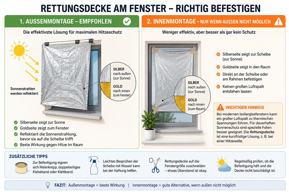 Rettungsdecke am Fenster richtig befestigen – Außen- und Innenmontage im Vergleich